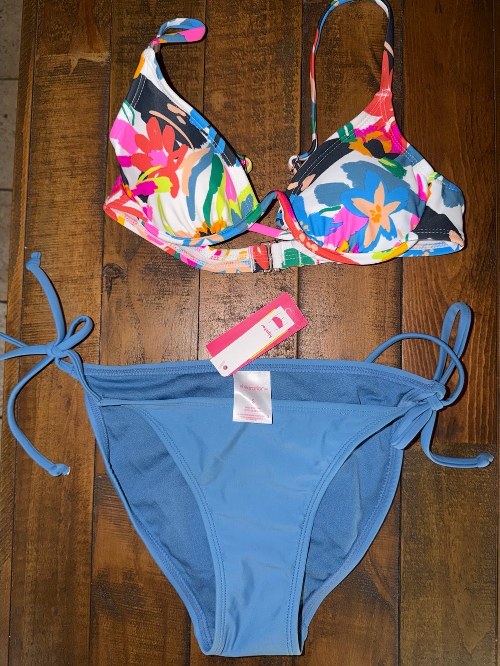 Target Floral Multi-Color Underwire Bikini Top with Blue Tie-Side Bottoms